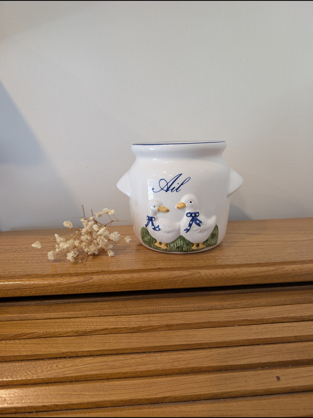 Vintage Blue Ribbon Goose Garlic Jar – “Ail” Ceramic Canister – Country Kitchen
